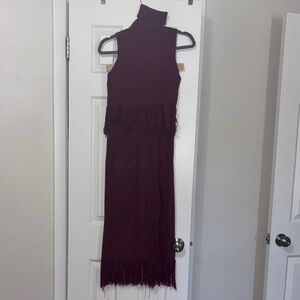 Chic High-Low Burgundy Fringe Dress